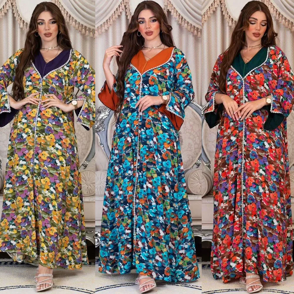 

Moroccan Floral Printed Muslim Satin Long Sleeve Abaya Dresses for Turkey Women Eid Ramadan Arab Jalabiya Islam Kaftan Robe Gown