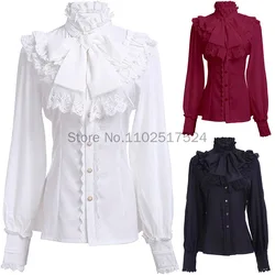 Vintage Chiffon Lolita Shirt For Women Elegant Stand Collar Lantern Sleeves Lace Patchwork Lolita Tops Female Gothic Slim Blouse