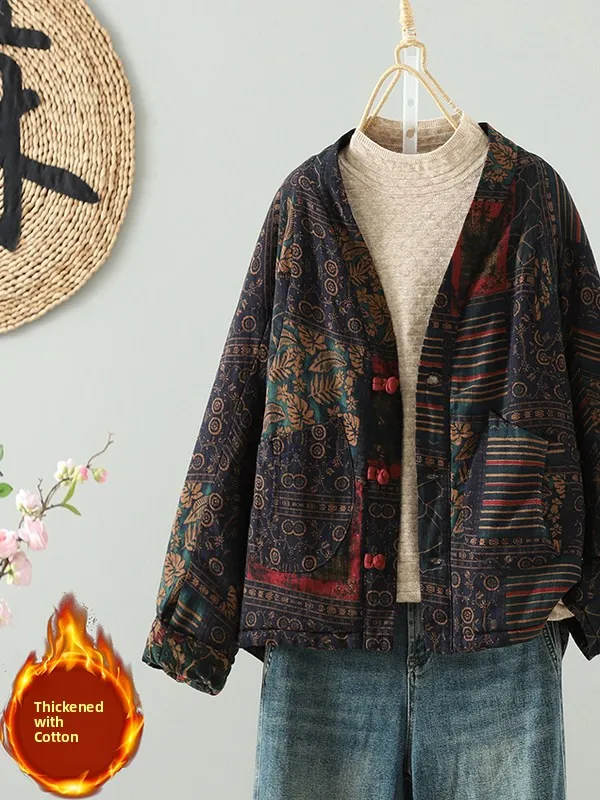 

Large Size Women's Cotton Jaet National Sle Print Design Button Embellied Loose Fit Winter Coat V-Ne Long Sve