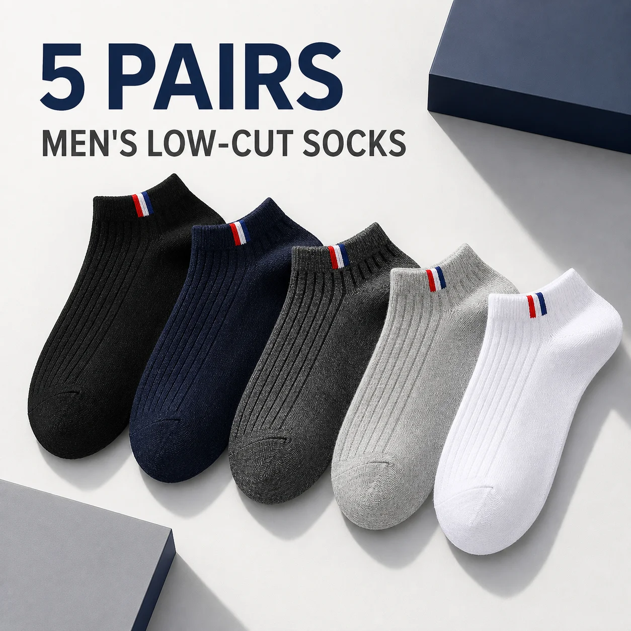 5 Pairs Men's Thin Low-Cut Ankle Socks Breathable Sweat-Absorbing Polyester Rib-Knit Casual Summer Boat Socks One Size