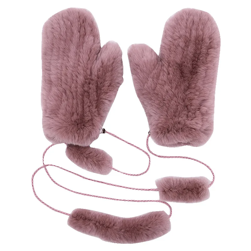 Women\'s Winter Real Rex Rabbit Fur Gloves Warm Thick Ladies Fur Mittens Elastic Girls Ski Glove Mitts Elastic Soft With String