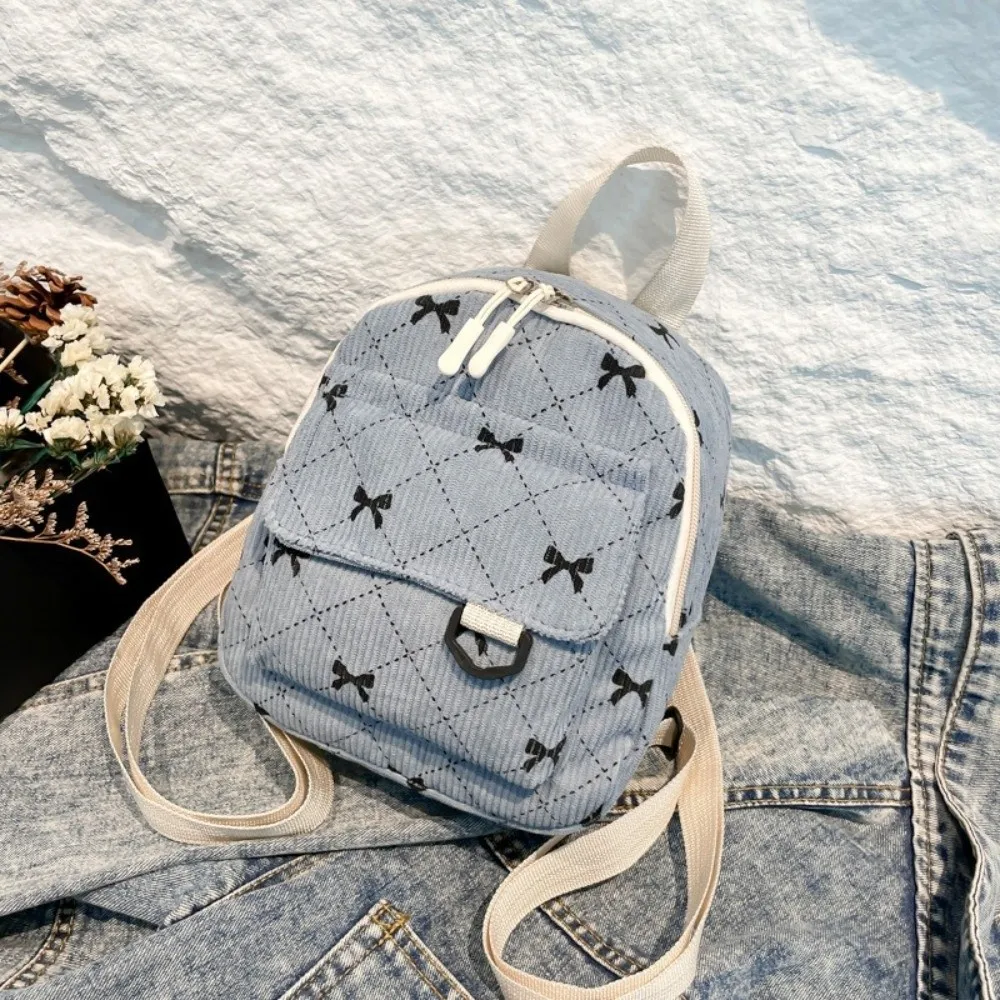 Sweet Corduroy Mini Backpack Lightweight Bowknot Printed Shoulder Bag Korean Style Zipper Student School Bag Daily