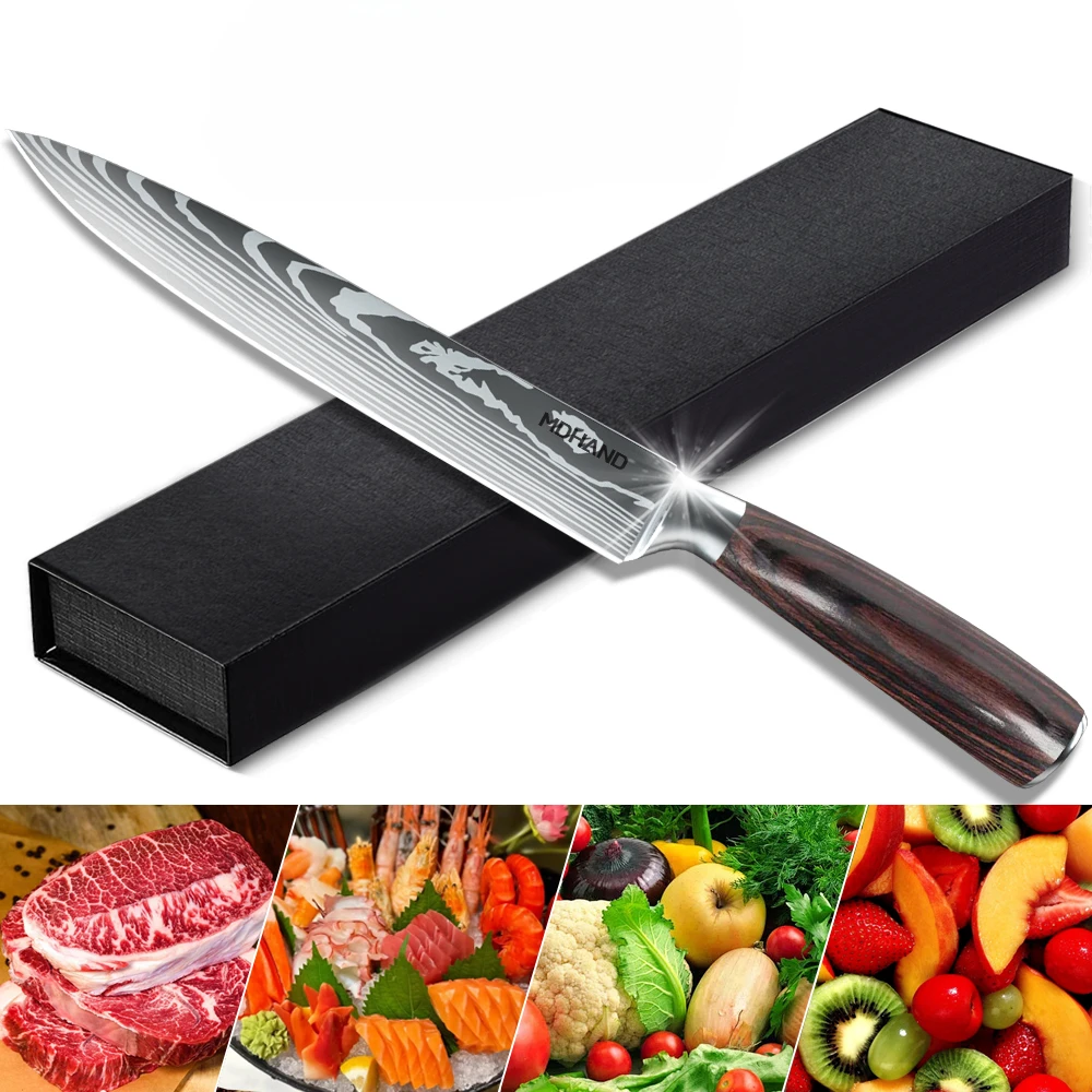 

Japanese Utility Knife 8 Inch Slicing Knife Sharp Meat Filleting Salmon Kitchen Professional Chef Knife Damascus Pattern