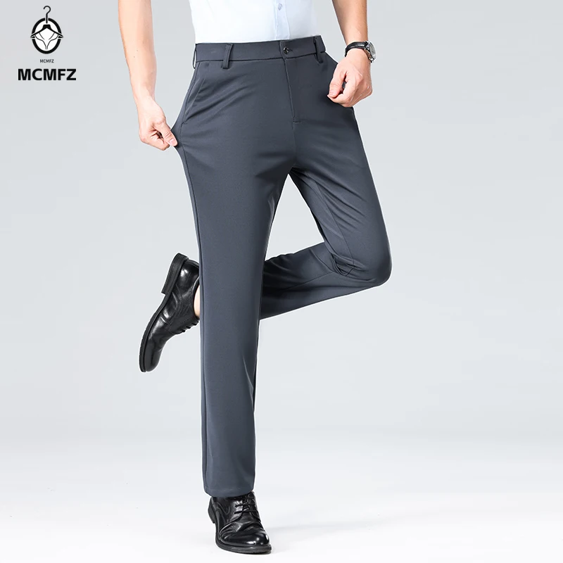 Textured Woven Male Work Pants Wrinkle Free Soft Straight Silhouette Logo Waist Back Button Pocket Office Casual Slacks