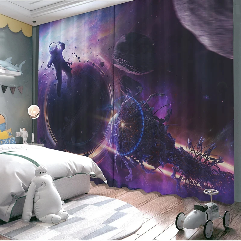 Cartoon High Shading Curtain Children\'s Room Boy Bedroom Astronaut New Bay Window Sunscreen Blackout Sound Insulation Drape 2Pcs