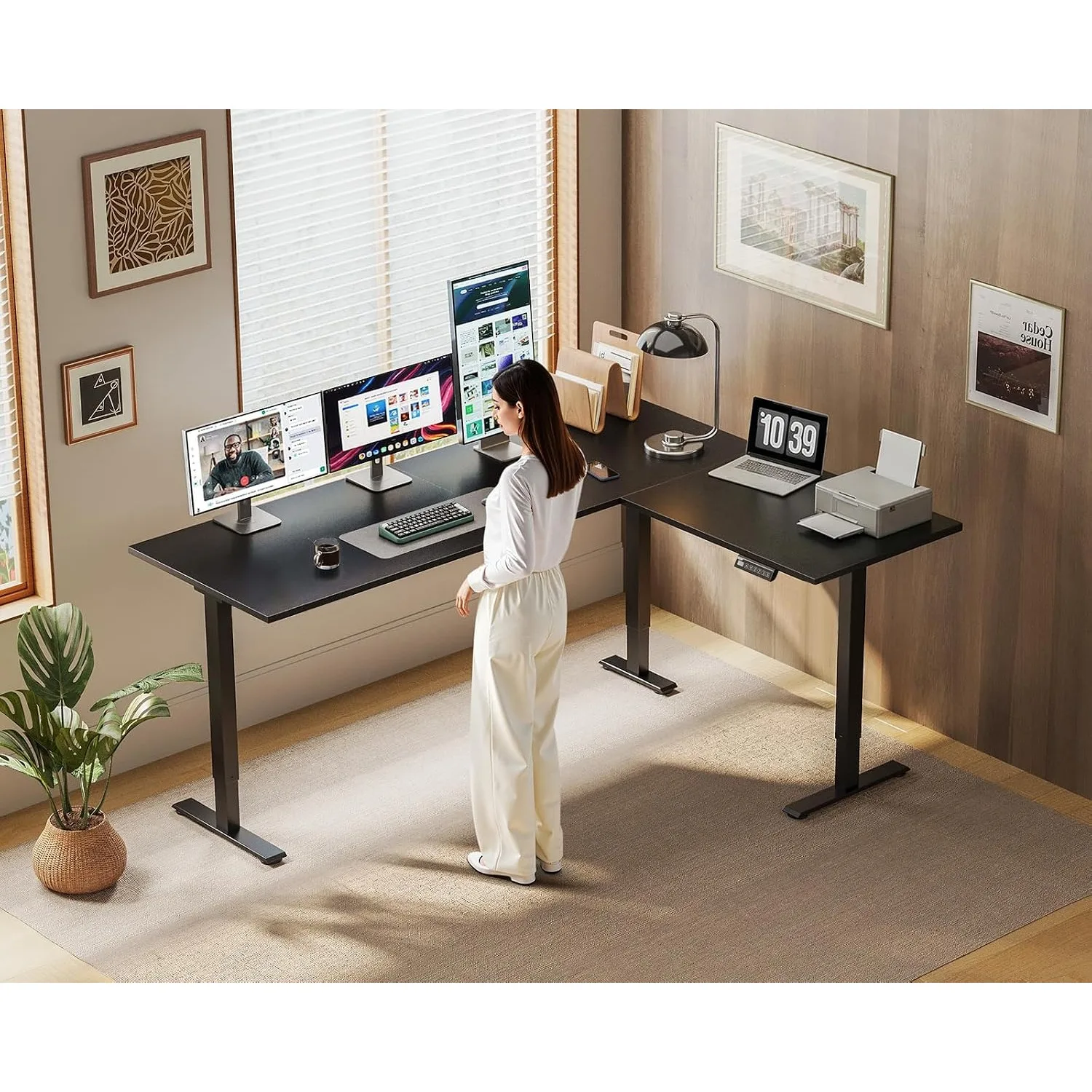 63 Inch Reversible L Shaped Electric Standing Desk, Black