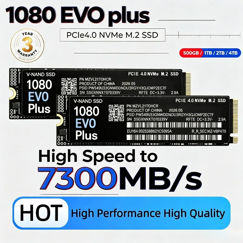 SSD interno M.2 NVMe PCIe 4.0 1080 EVO Plus, novo, com velocidade de até 7300 MB/s, unidade de estado sólido de alta velocidade para portátil e PC de secretária.