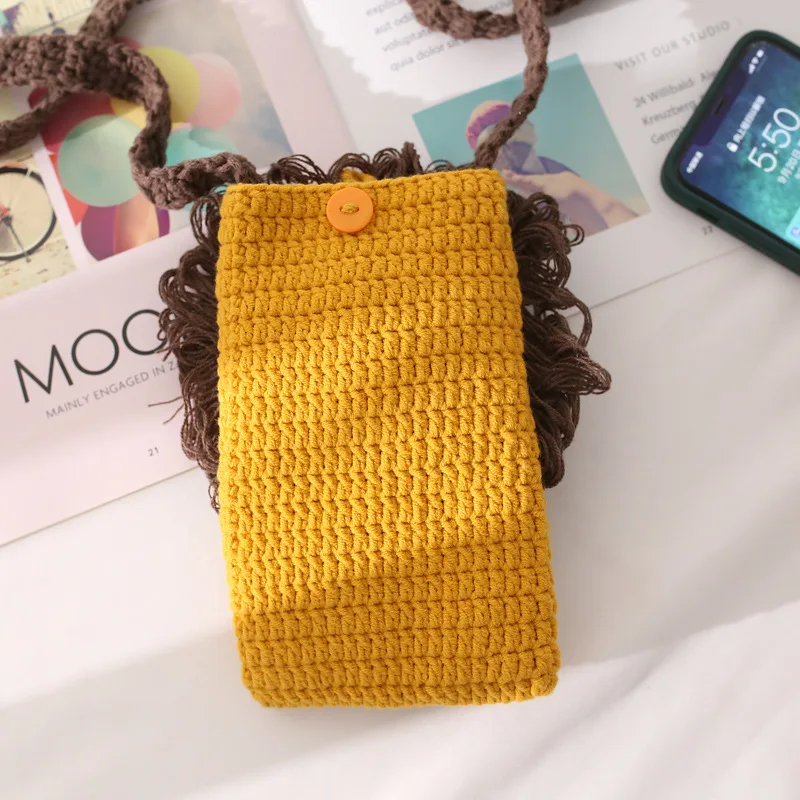 Handmade Kids Crochet Lion Shaped Small Size Side Sling Shoulder Bag Boy Girl Knit Stylish Mini Phone Flap Pouch Crossbody Bag