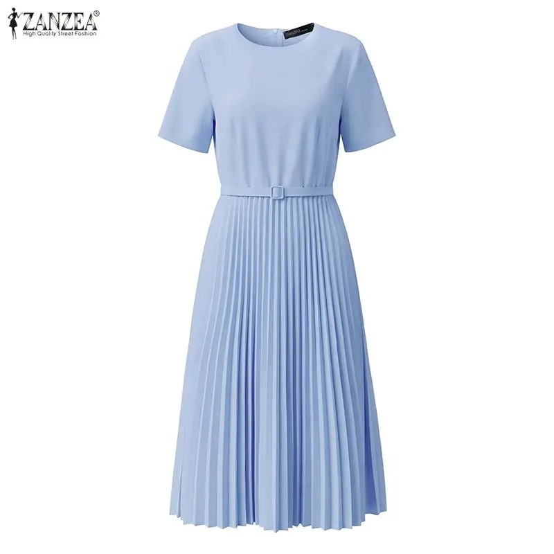 ZANZEA Damen-Kleid, elegant, schick, plissiert, Midikleid, Sommerkleid, stilvoll, O-Ausschnitt, kurzärmelig, A-Linie, OL-Arbeitskleider, einfarbig, Vestidos – Detail 19