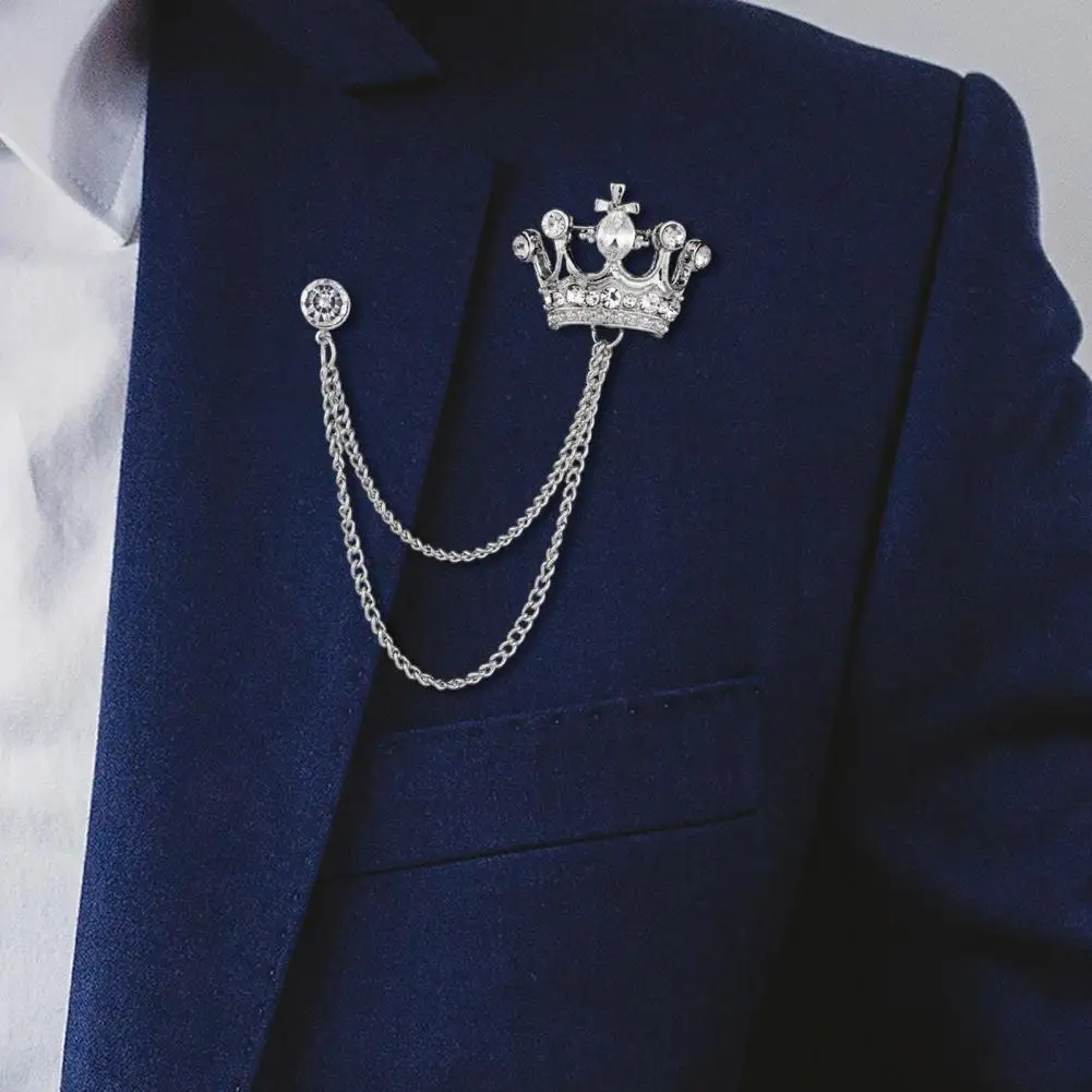 Suit Jacket Accessory Men's Retro Crown Brooch with Rhinestone Tassel English Style Suit Coat Pin Formal Event Wedding Business