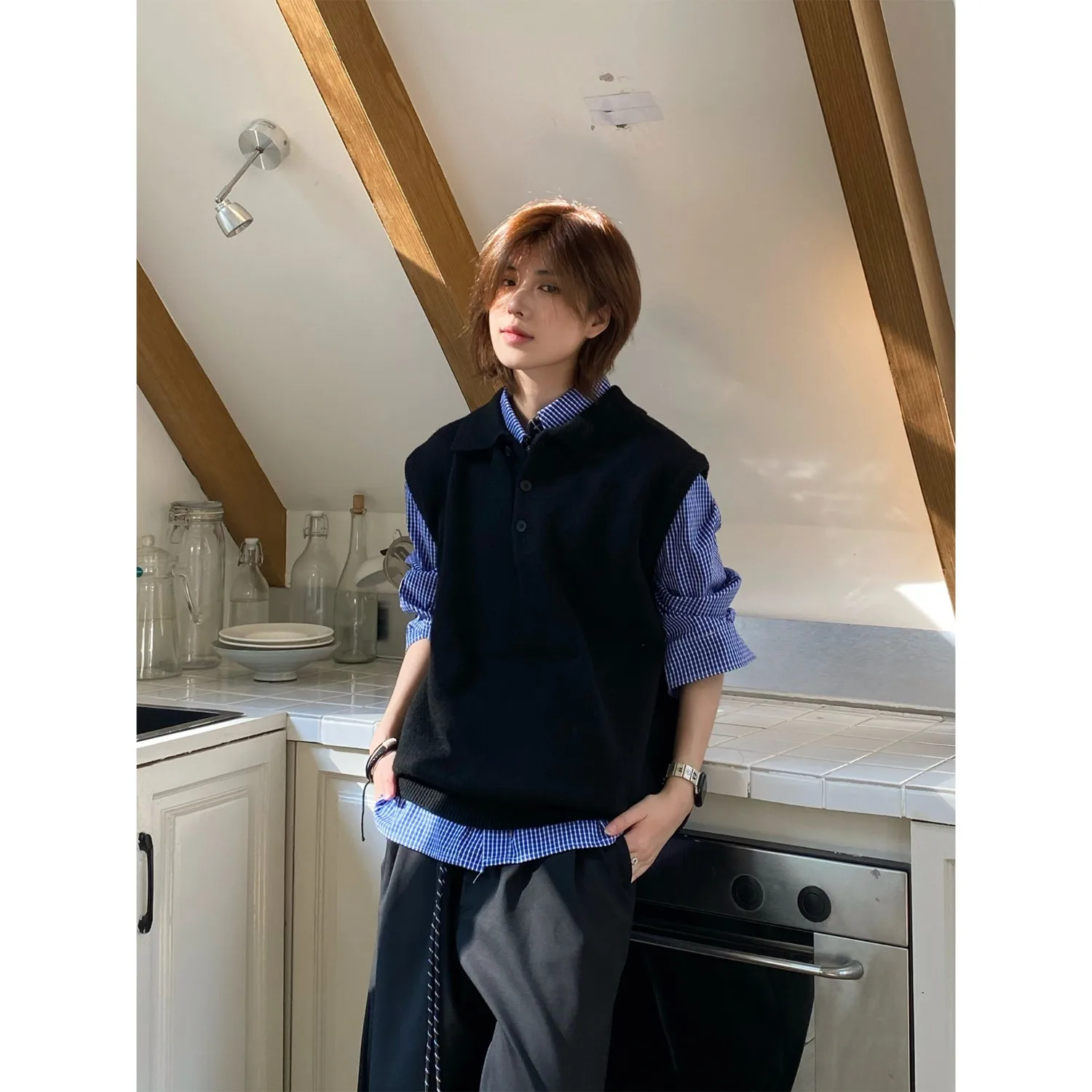 

Мужской вязаный жилет в корейском ретро-стиле, осенне-зимний, для многослойного образа, с воротником, модный, из мягкого полиэстера, круглый вырез, топ