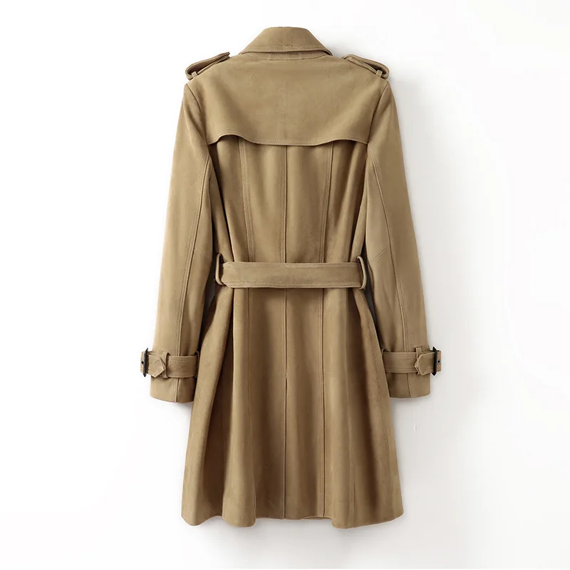 Trenchcoat aus 100 % Ziegenleder-Wildleder für Damen, klassischer britischer Stil, zweireihig, schmal geschnitten, mittellanger Trenchcoat aus echtem Schaffell