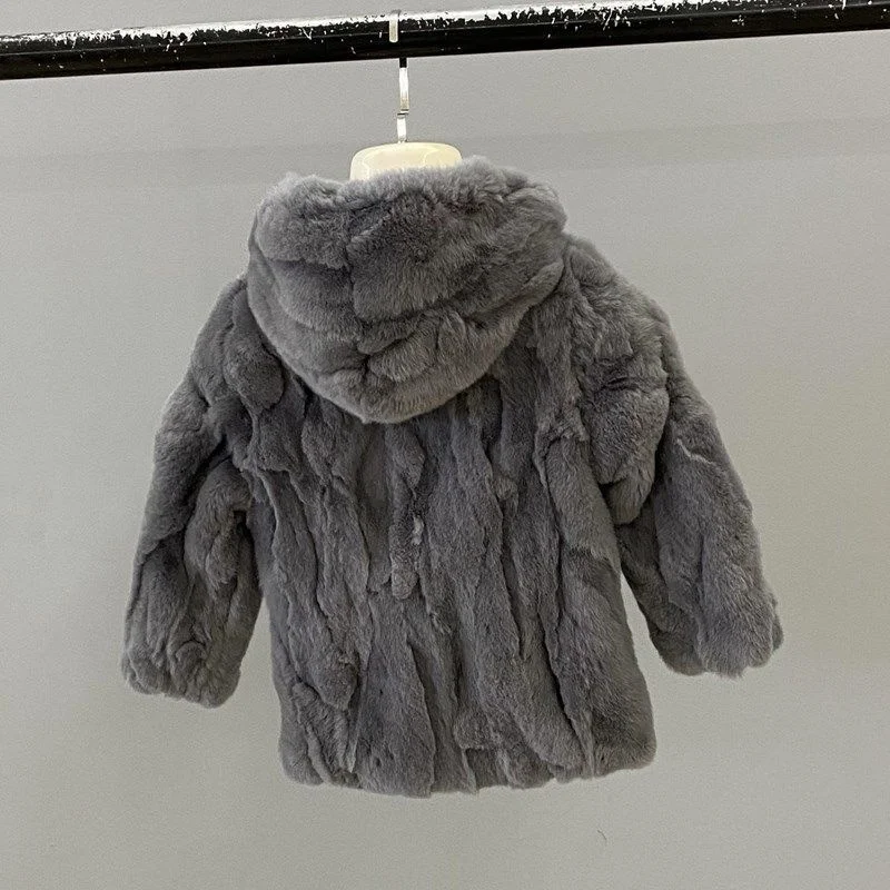 Winter New Rex Rabbit Fur Coat Children Fashion Hooded Jackets For Girl Boy Outerwear Thickened Warm Kawaii Kids Clothing