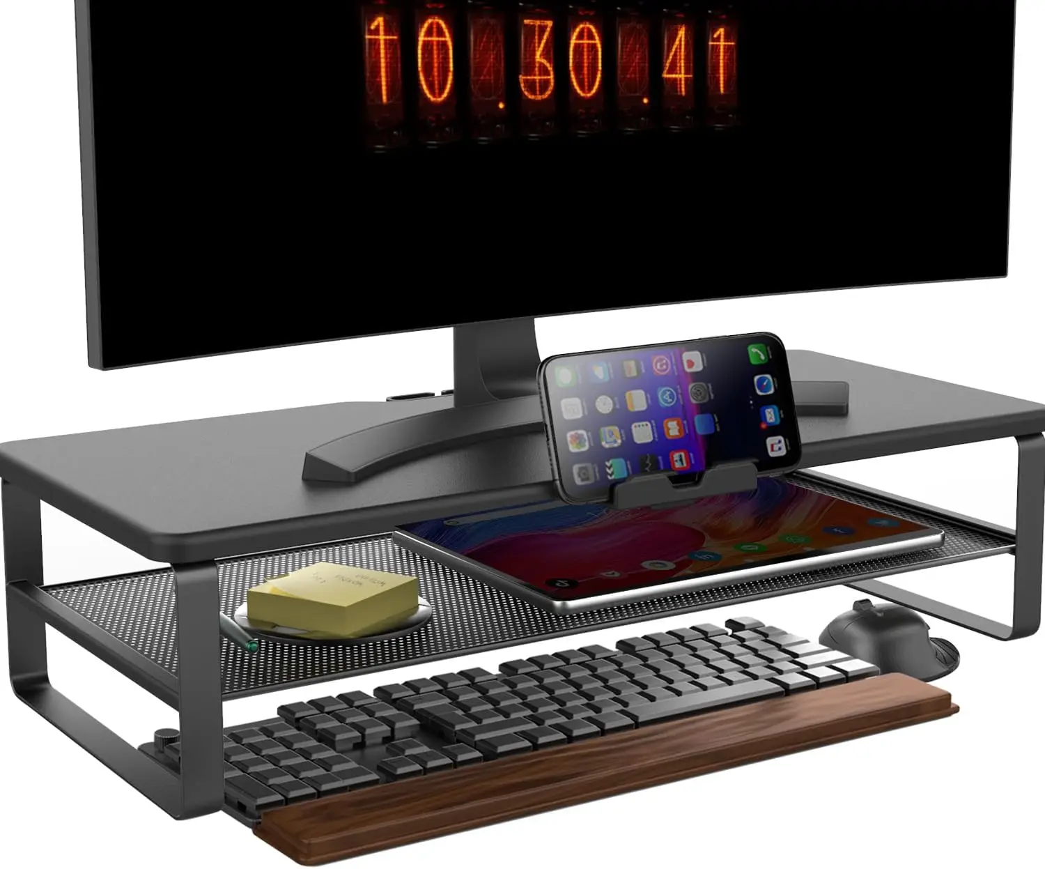 2-Tier Monitor Stand with Drawer, Phone Holder & Cable Management - Desk Organizer for Home Office