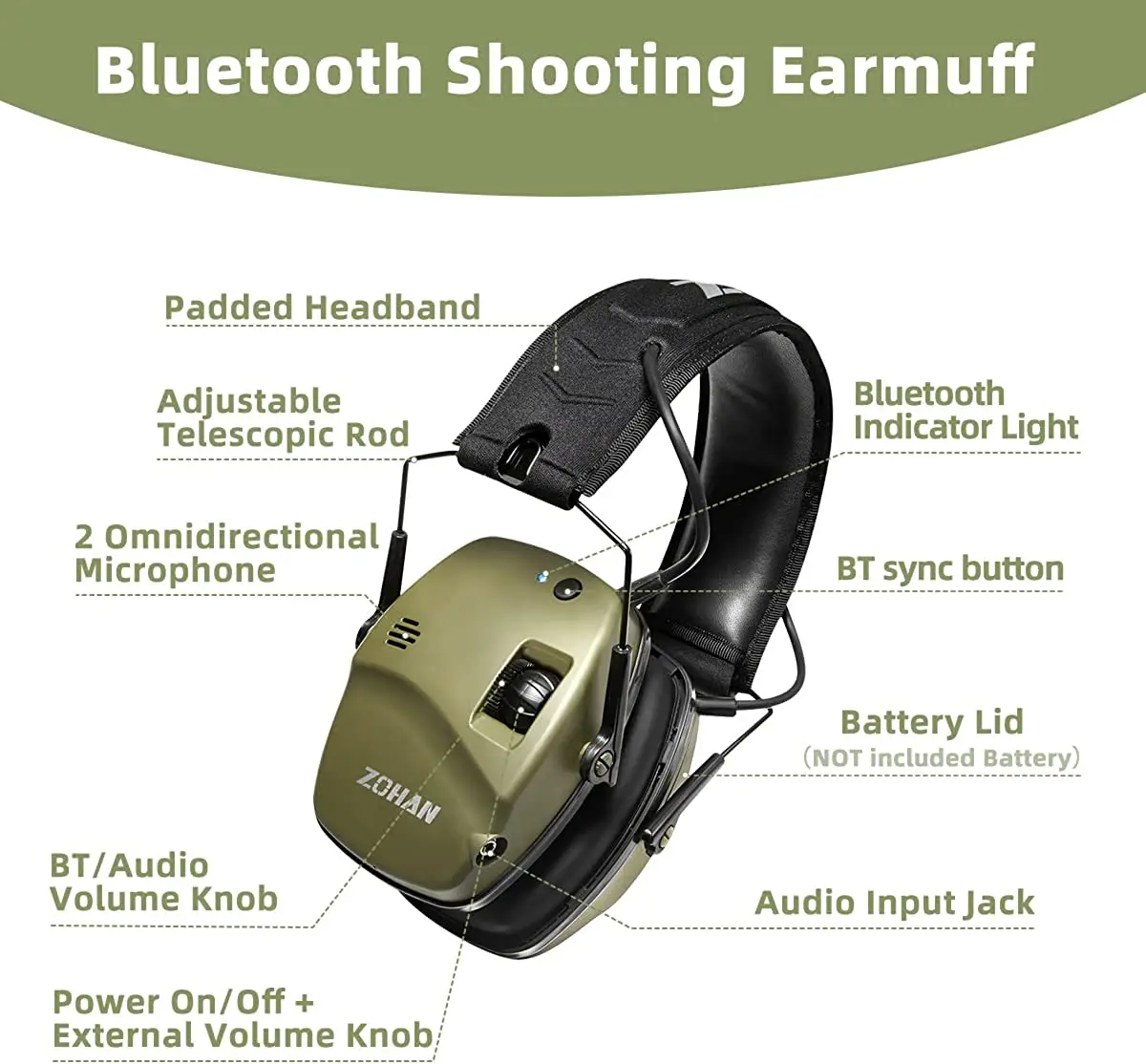 ZOHAN Electronic Earmuffs Bluetooth 5.0 Shooting Ear Protection Active Noise Canceling Protection for Hunting Hearing NRR22dB