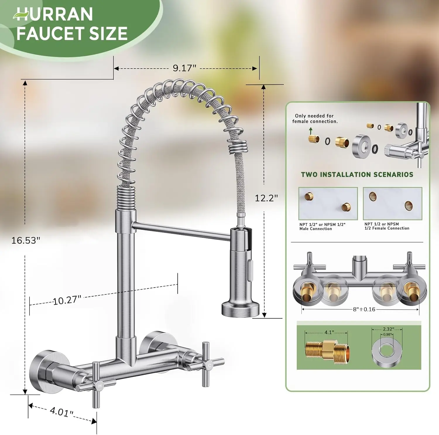 صنبور مطبخ مثبت على الحائط، نيكل مصقول، مقبض 8 بوصات مع بخاخ قابل للسحب للمطبخ والغسيل #6