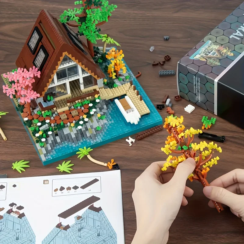 2688PCS Kreative Kabine Holz Haus Bausteine Street View Villa Landhaus Architektur Micro Ziegel Spielzeug Kind Für Geschenke