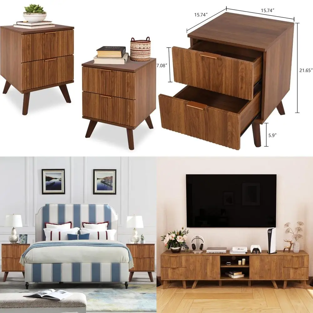 طقم منضدة مخدد حديث مكون من قطعتين من منتصف القرن، وخزانة غرفة نوم بدرجين مع طاولات جانبية صغيرة #1