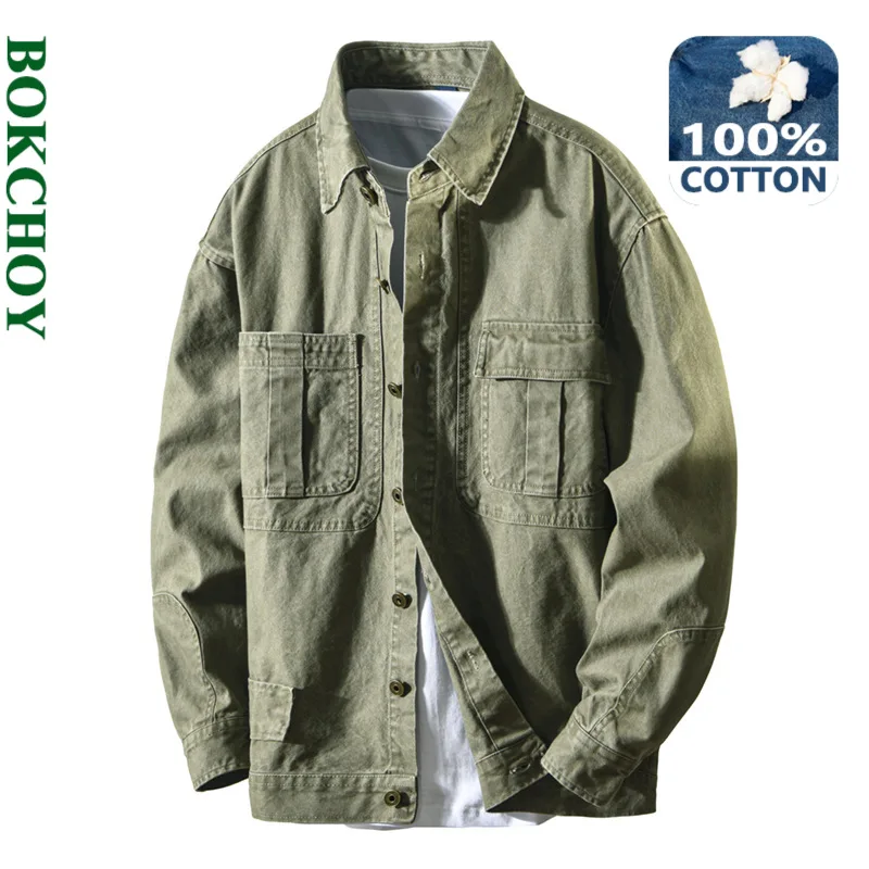 

2025 Autumn New Cargo Multi-pockets Loose Comfort Jackets for Men 100% Cotton Seagull Collar Sense of Layering Men Tops AZ895