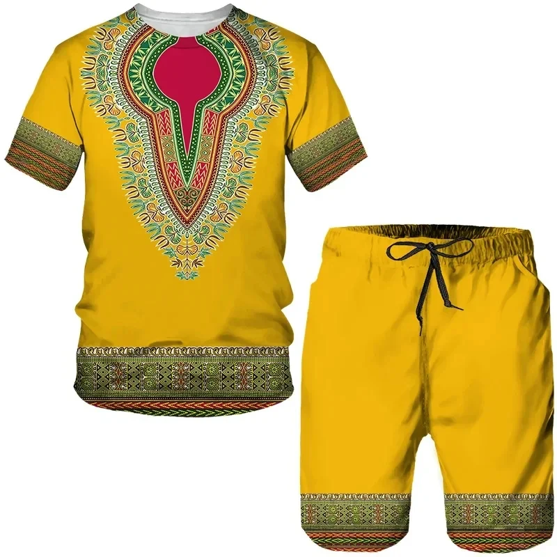 Men\'s African Print T-Shirt Suit Traditional Dashiki Ethnic Style Clothing Retro Streetwear T-Shirt Suit and Shorts Sportswear