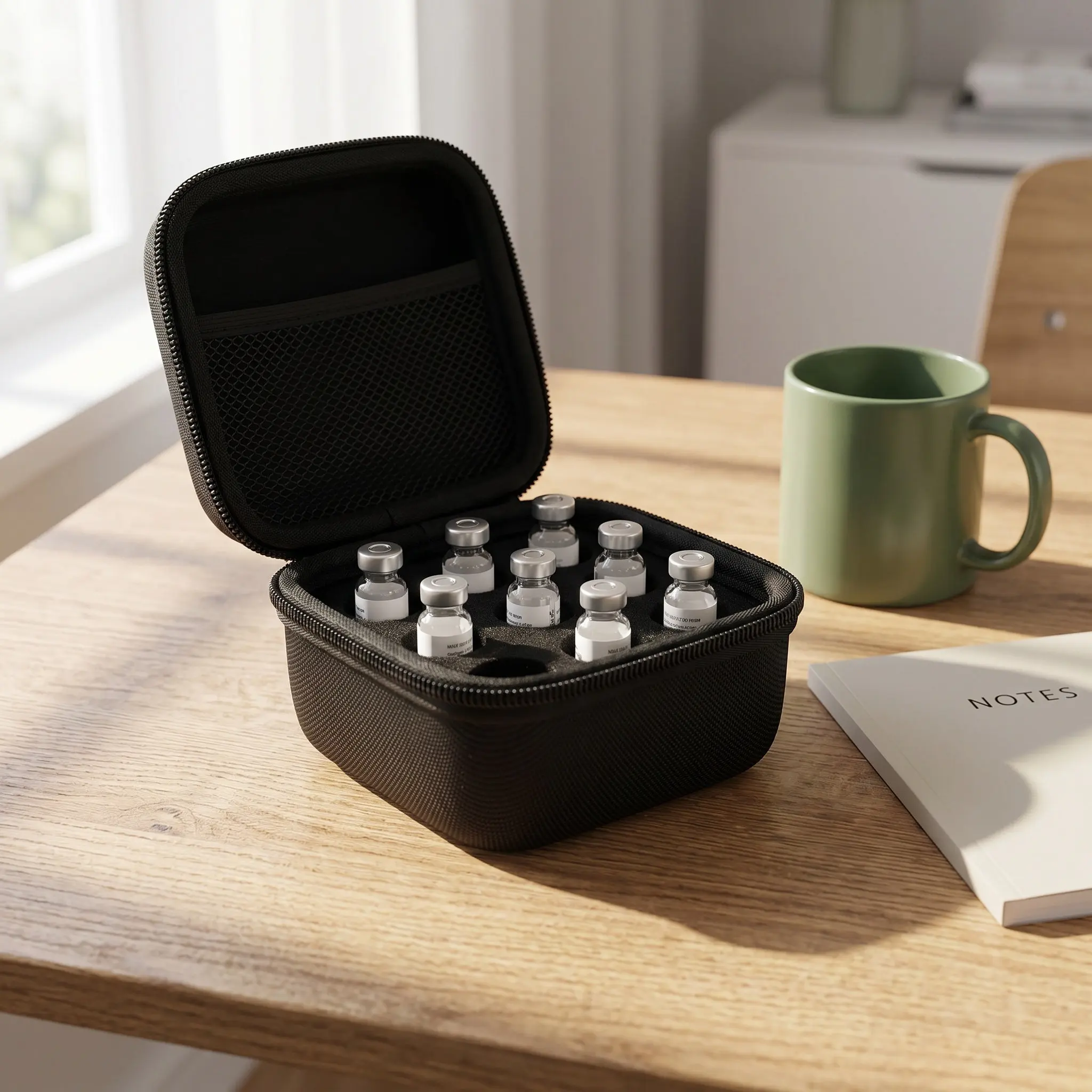 Black Insulin Vial Protector Storage Case Hard Shell 9-Slot Foam Insert for 10Ml Vials Portable Travel Insulin Cooler Bag