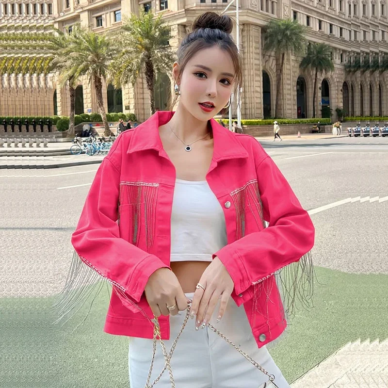 Spring Autumn Fashion Chain Tassel Loose Big Pocket Short Denim Jacket Harajuku Vintage Casual Long Sleeve Female Jeans Jacket