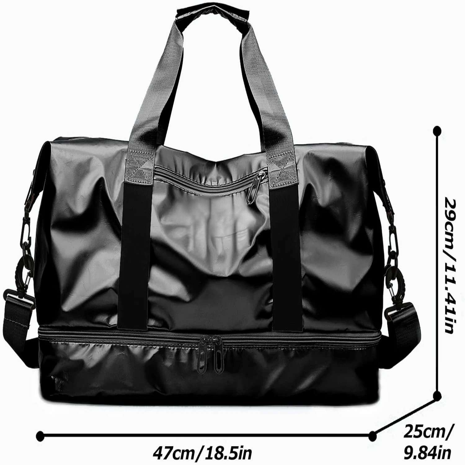 Bolsa de gimnasio negra elegante e impermeable con compartimento para zapatos y compartimento húmedo - Ideal para hombres y mujeres - Spacious Travel Duffe