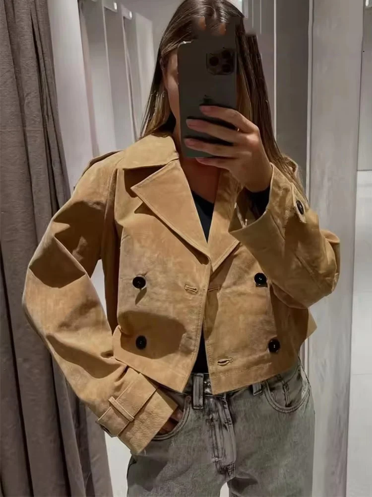 

Women's Fashion Double Breasted Short Jacket Trench Turn-down Collar Long Sleeve Coats Vintage Female Outerwear Chic Tops