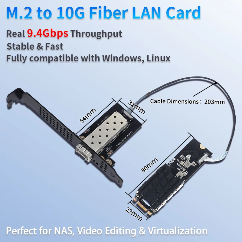 10G SFP+ M.2 Adapter RTL8127ATF 10GbE Fiber Network Interface Card PCIe 3.0 X2 Low Power for NAS Server