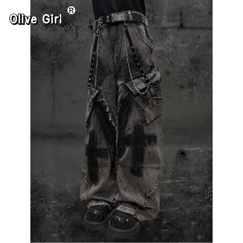 Olivegirl Trousers High Street Wasteland Frayed Loose Denim Jeans for Women Men Y2K Hand-painted Graffiti Trousers Wide-leg Pant