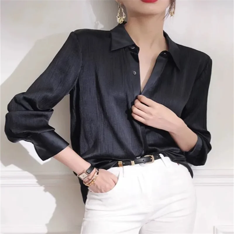 

Black Satin Shirt For Women Blouses Fashion Autumn Top Loose Luxury Women Clothing Shirt OL Cardigan Pleated Stripes Blous