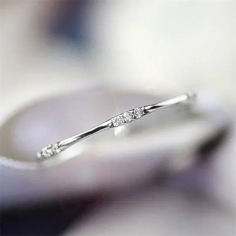 Minimalist Wedding Rings for Women Thin Band Dazzling Cubic Zirconia Simple Stylish Female  Party Statement Jewelry