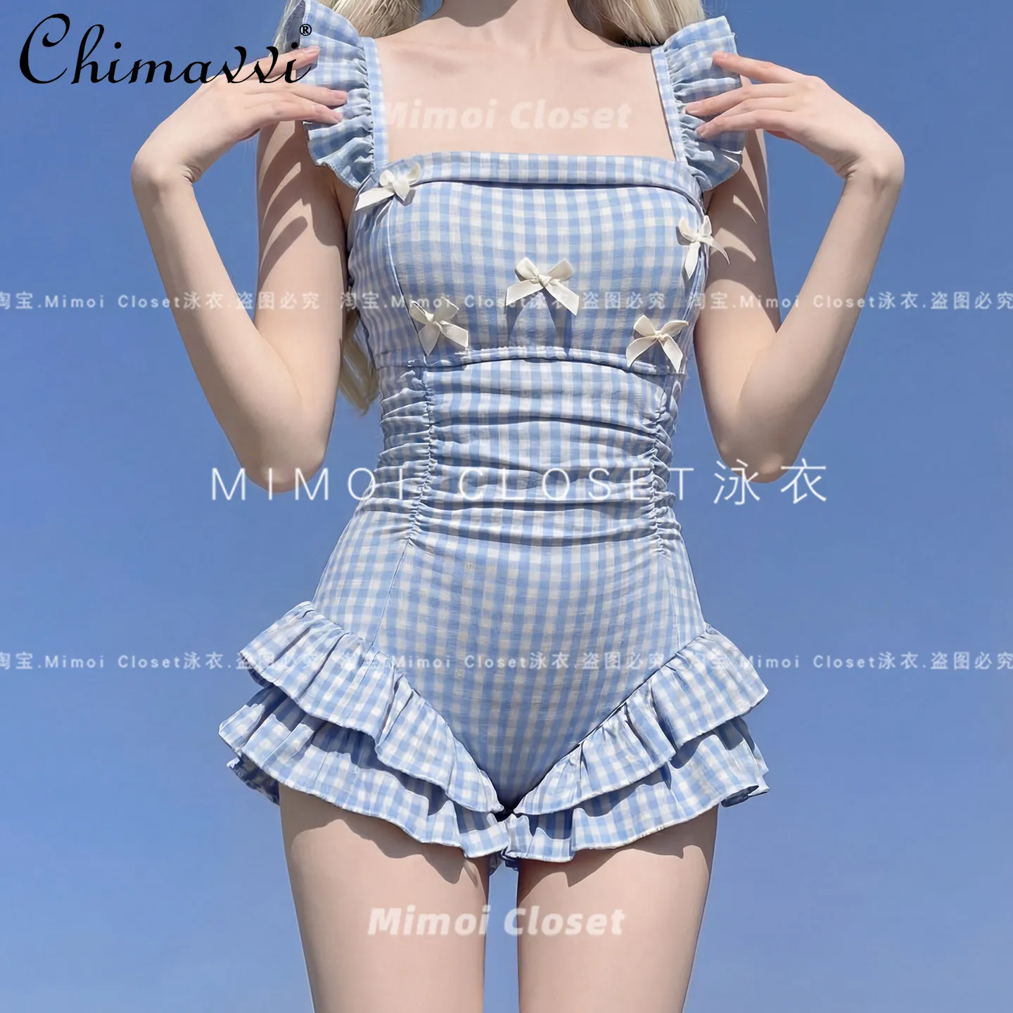 

Новый летний слитный купальник для девушек: синий в клетку, с бантом, милый, элегантный, приталенный, высококачественный.