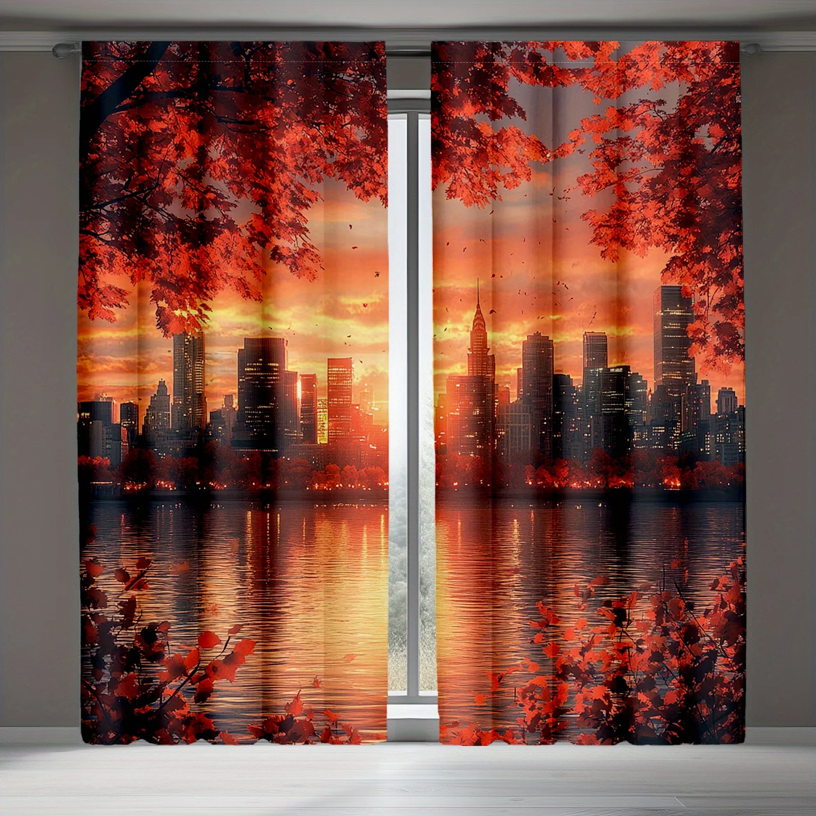 curtain2pcs Urban Sunset Tree Curtains- Stylish Polyester Semi-Transparent Drapes with Vibrant Red Maple Leaves& Cityscape Desig