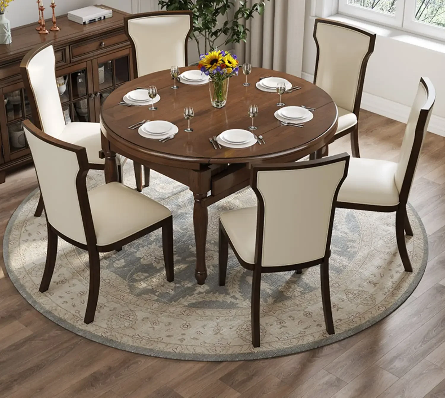 JJAmerican Solid Wood Retractable Folding Multi-functional Round Table Small Apartment Round Dining Table Dining Table And Chair