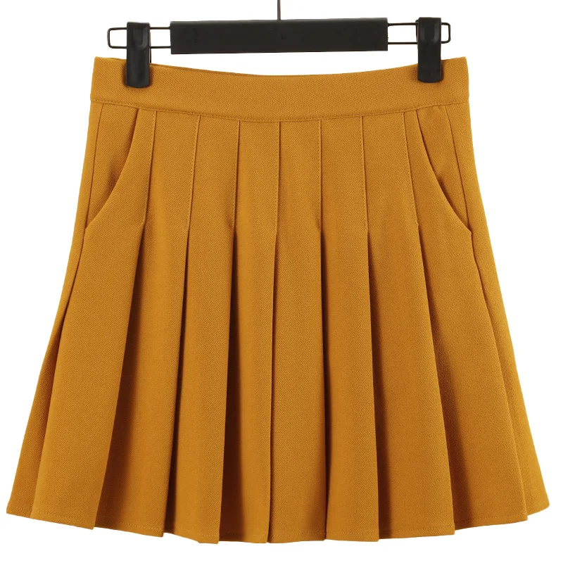 Rok Lipit dengan Saku Wanita Musim Gugur Gaya Preppy Kuning Elastis Pinggang Tinggi A-line Pelangsing Hitam Kawaii Rok Pendek Mini