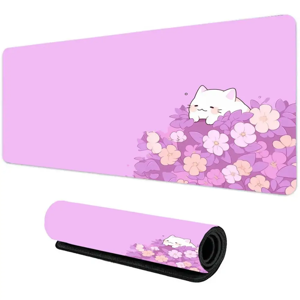Purple Flower Cat Desk Mat, Non-slip Cute Animal Large Gaming Mouse Pad for Laptop Office Workstation mouse pad