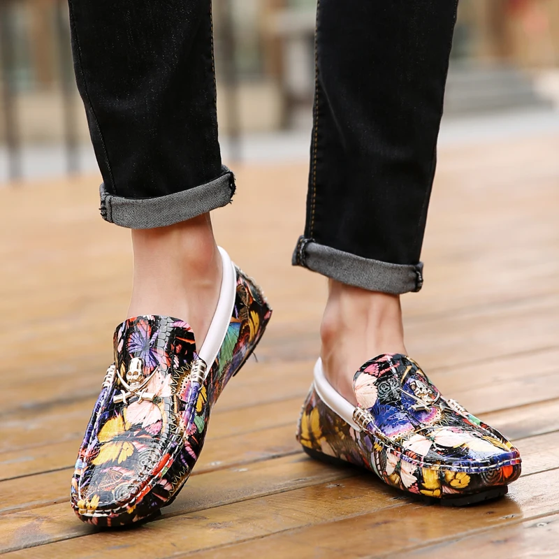 48 oversized bean shoes men soft soled casual business leather shoes British slip-on loafers fashion printed fashion shoes