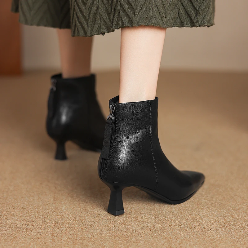 QUTAA 2025 News Warm Wool Women Ankle Boots Pointed Toe Sheepskin Leather Short Snow Boots Winter High Heel Shoes 34-40