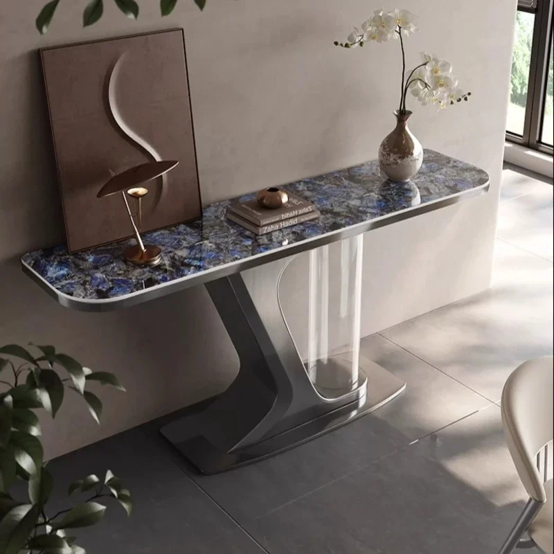 Minimalist Entrance Table Against The Wall Living Room Stainless Steel Marble End View Table Rock Slab CaseN20