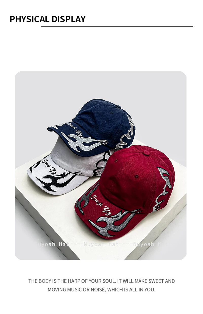 Neue Baseballkappen für Männer und Frauen mit amerikanischen Flammenbuchstaben-Stickerei, Sonnenschutz, vielseitige Streetwear-Kappen, Ins-Mode, Hip-Hop – Detail 4