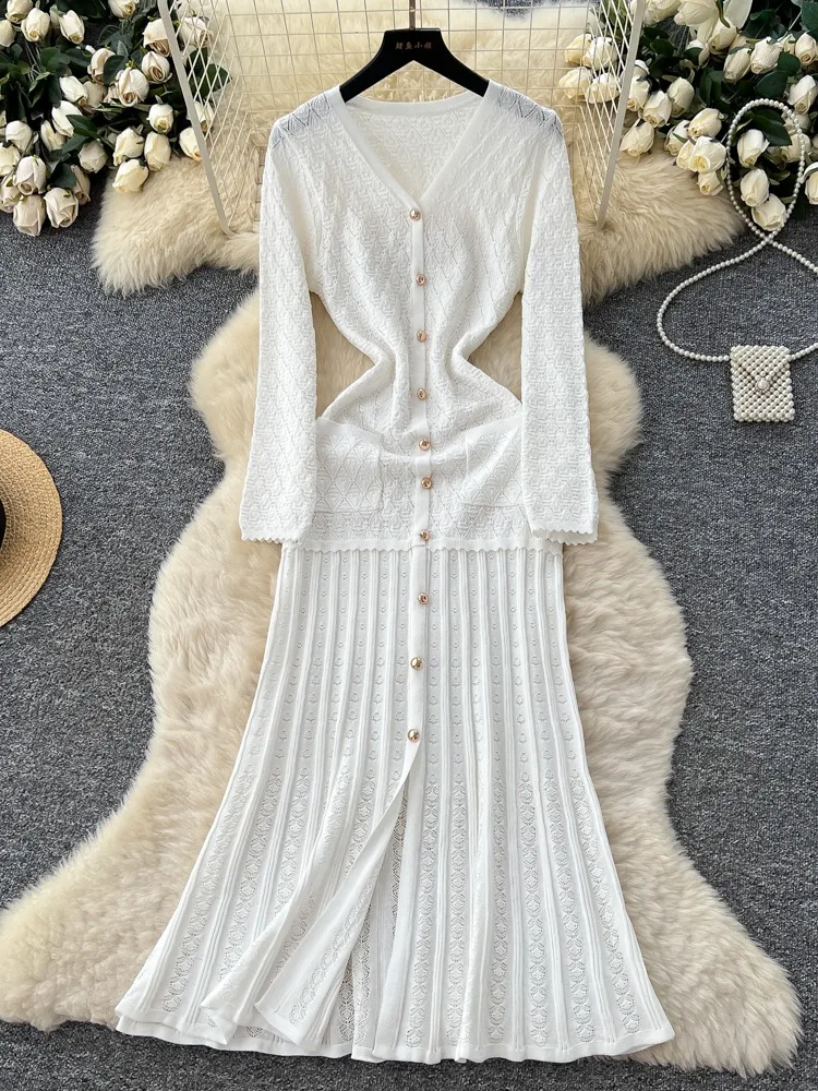 

Повседневное однобортное однотонное трикотажное платье с v-образным вырезом и длинными рукавами, женское осеннее платье, новое плиссированное платье макси с низом, женское