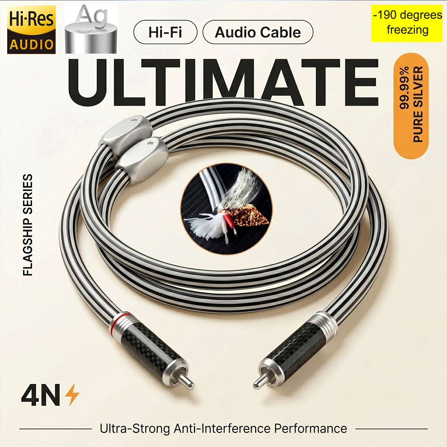 RCA to RCA Audio Cable 99.99 2 Core Flat Pure Silver Signal Cable 11mm Shielded Wire Amplifier CD DIY Interconnect Cable Cord