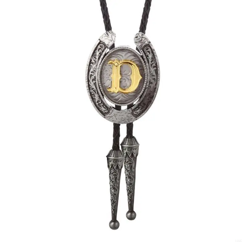 Fashion Metal Initial Letter Bolo Tie Western Cowboy Leather Rope Necktie Chain 