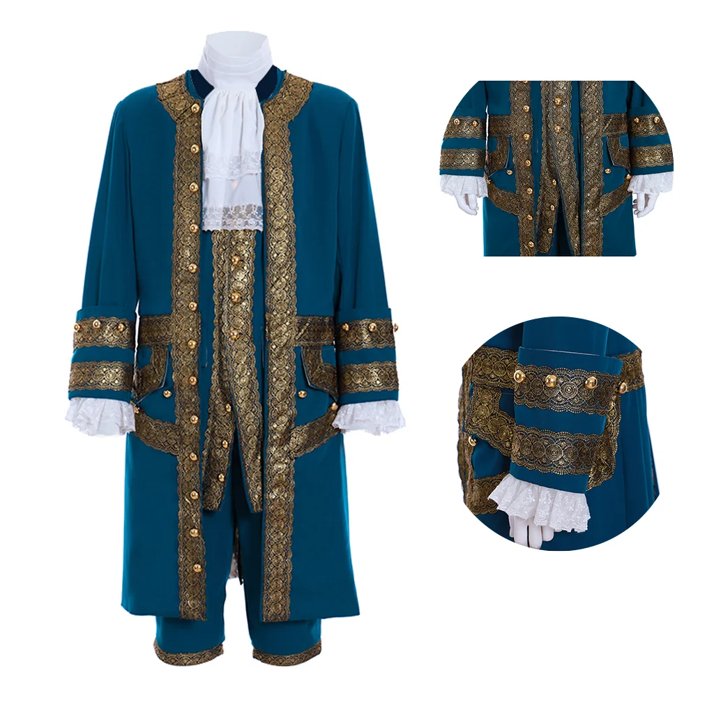 

18th Century Victorian Men's Dark Blue Embroidered Suit Gown with Gold Lace Gentleman Uniform Prom Costume Custom Clothing