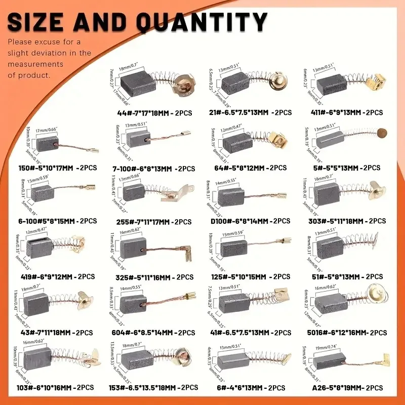 46 Pcs Motor Carbon Brushes 23 Sizes Replacement for Power Tools Impact Drill Circular Saw Angle Grinder