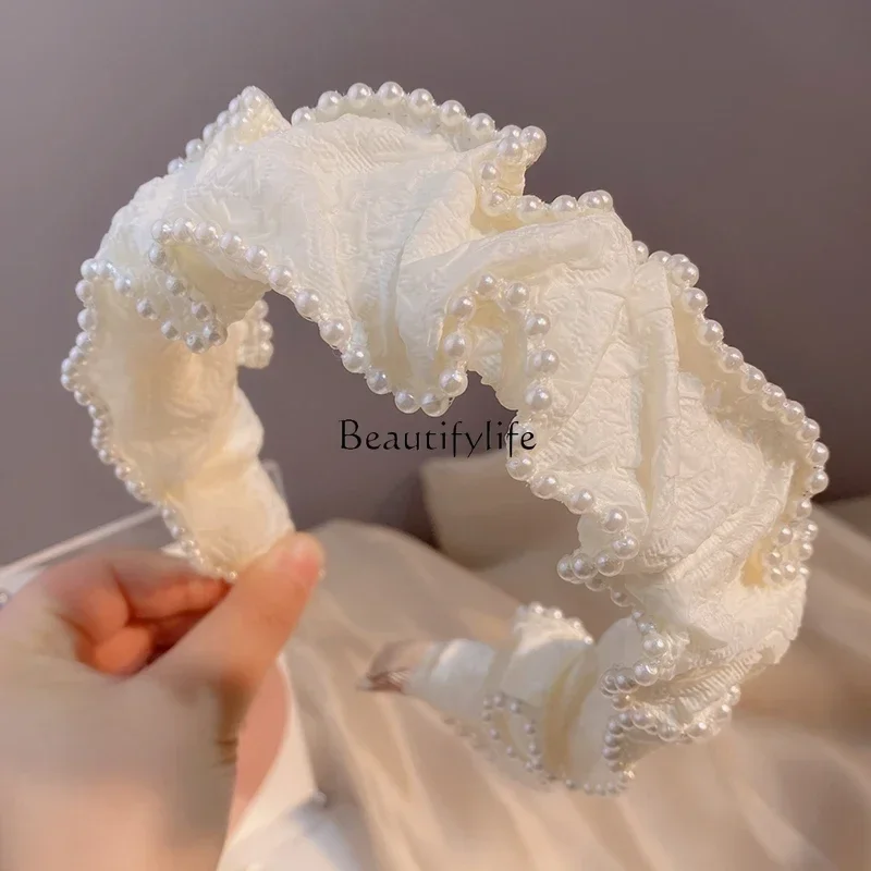 

French Retro Fresh Temperament Headband Knotted Pearl Cloth Headband Headdress