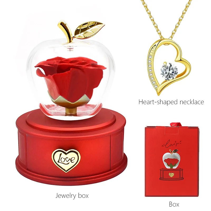 Luxury Eternal Rose Apple - Shaped Ornament with Red Drawer Base for Necklace and Ring with Exquisite Gift Box Handbag