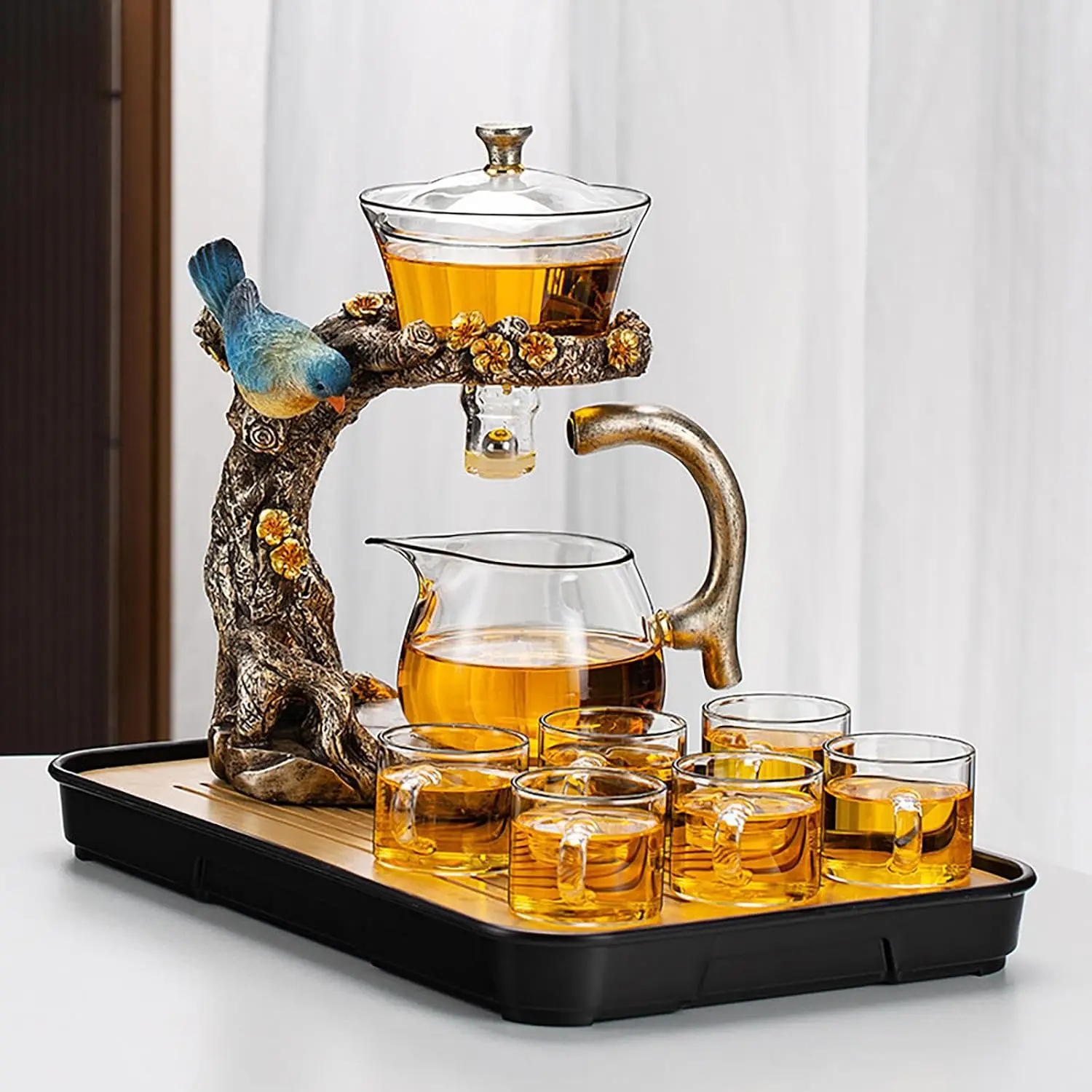 Glass Teapot Set Animal Bird Design Semi-auto Drip Rotating Bowl with Infuser Lazy Kungfu Tea Pot Set Teapot Cups Christmas Gift
