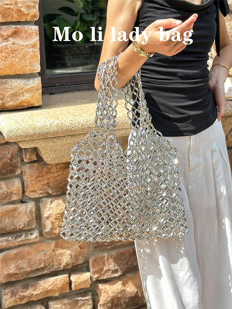 

Sequin Beaded Tote Bag For Women Sparkly Hollow Out Large Capacity Handmade Handbags Silver Glitter Chain Shoulder Bags